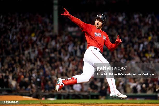 Christian Arroyo of the Boston Red Sox reacts after hitting a two-run home run during the third inning of game three of the 2021 American League...