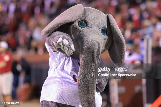 Alabama Crimson Tide mascot Big Al waves to the camera during the game between the Mississippi State Bulldogs and the Alabama Crimson Tide on October...