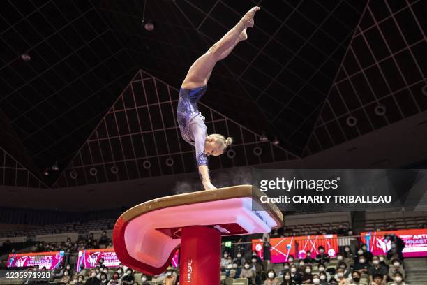 Russia's Angelina Melnikova competes in the vault event at the womens team qualification during the Artistic Gymnastics World Championships at the...