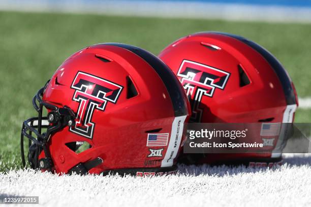 View of Texas Tech Red Raiders helmets before a Big 12 football game between the Texas Tech Red Raiders and Kansas Jayhawks on Oct 16, 2021 at...