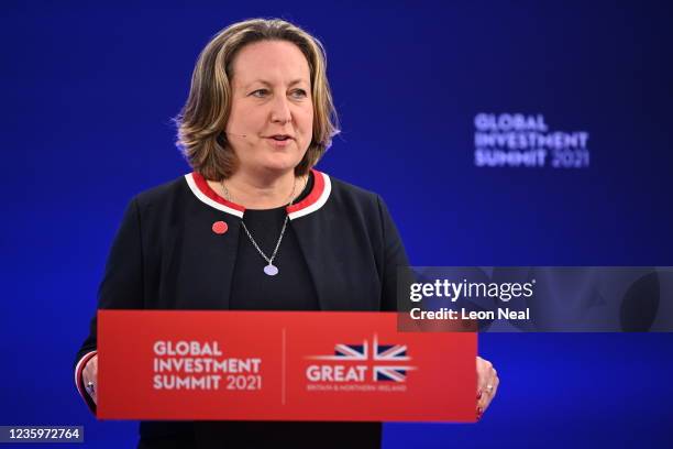 International Trade Secretary Anne-Marie Trevelyan speaks during the Global Investment Summit at the Science Museum on October 19, 2021 in London,...