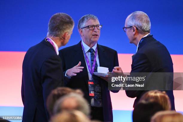 American Businessman Bill Gates chats with Sir Patrick Vallance prior to the Global Investment Summit at the Science Museum on October 19, 2021 in...