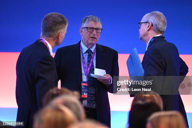 American Businessman Bill Gates chats with Sir Patrick Vallance prior to the Global Investment Summit at the Science Museum on October 19, 2021 in...