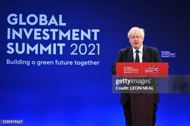 Britain's Prime Minister Boris Johnson delivers a speech during the Global Investment Summit at the Science Museum in London on October 19, 2021.