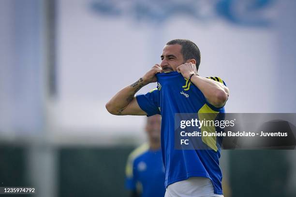 Juventus player Leonardo Bonucci during a Champions League training session at JTC on October 19, 2021 in Turin, Italy.