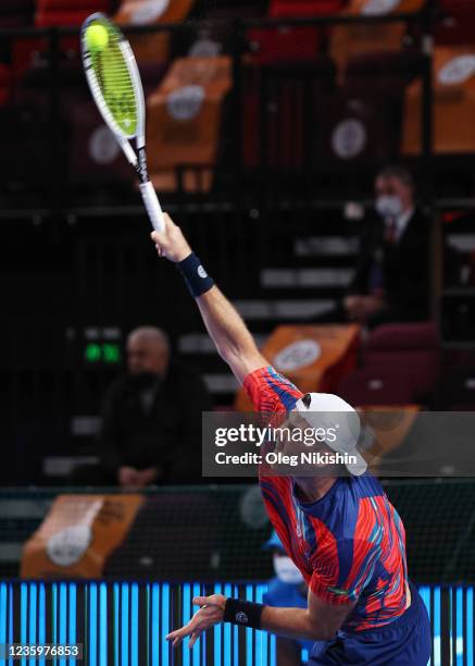 Illya Marchenko of Ukraine plays a shot against Alexander Bublik of Kazakhstan during on Day Two of the VTB Kremlin Cup on the Central Court of the...
