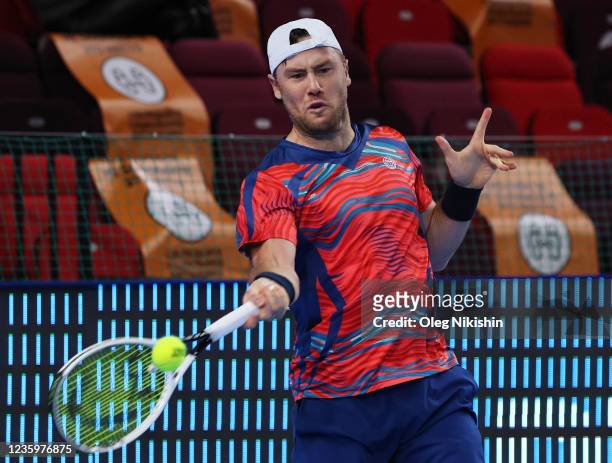 Illya Marchenko of Ukraine plays a shot against Alexander Bublik of Kazakhstan during on Day Two of the VTB Kremlin Cup on the Central Court of the...
