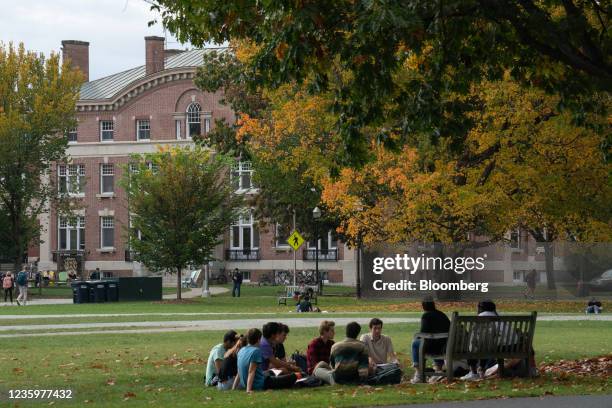 Students have class outdoors on the campus of Dartmouth College in Hanover, New Hampshire, U.S., on Friday, Oct. 15, 2021. Dartmouth Colleges...