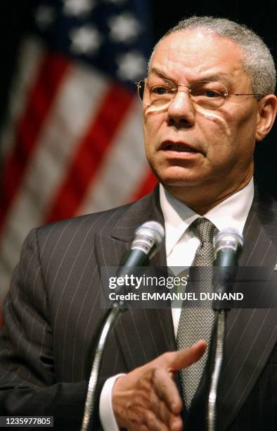 Secretary of State Colin Powell gestures 25 February 2003 during a press conference following his meeting with South Korean President Roh Moo-Hyun in...