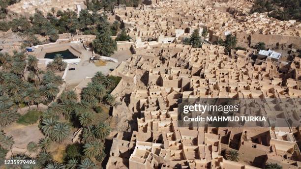 An aerial view shows the Libyan town of Ghadames, a desert oasis some 650 kilometres southwest of the capital Tripoli, on October 19 during an...