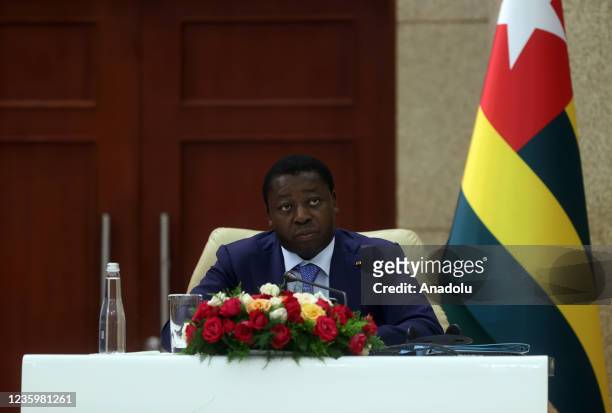 Togolese President Faure Essozimna Gnassingbe holds a joint press conference with Turkish President Recep Tayyip Erdogan in Lome, Togo on October 19,...