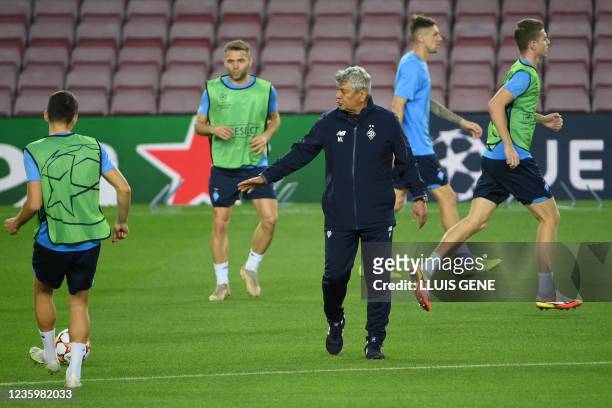 Dynamo Kiev's Romanian coach Mircea Lucescu reacts during a training session of his players on the eve of the UEFA Champions League Group E football...