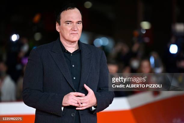 Director Quentin Tarantino arrives on October 19, 2021 at the Auditorium Parco della Musica venue in Rome to attend a Lifetime Achievement Award...