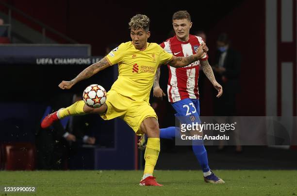 Roberto Firmin of Liverpool in action against Kieran Trippier of Atletico Madrid during UEFA Champions League Group B soccer match between Atletico...