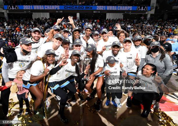 The Chicago Sky pose for a celebratory photo after winning the WNBA Championship against the Phoenix Mercury during Game Four of the 2021 WNBA Finals...