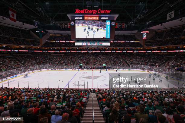 General view of the Xcel Energy Center during the third period against the Minnesota Wild and Winnipeg Jets on October 19, 2021 in St Paul, Minnesota.