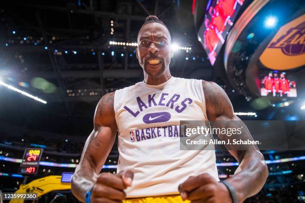 Los Angeles, CA Lakers center Dwight Howard rallies before the start of the season opener with the Golden State Warriors at the Staples Center in Los...