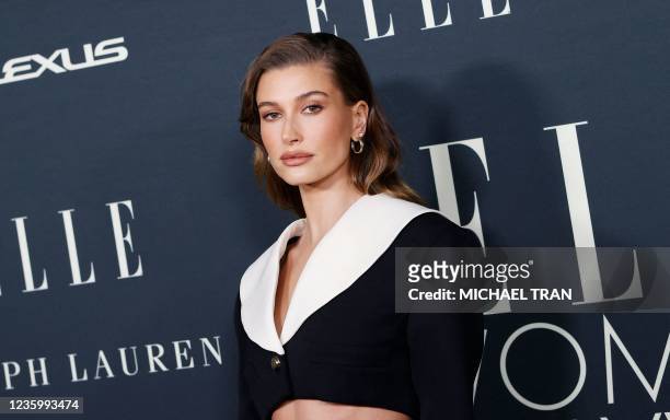 Model Hailey Bieber arrives to attend ELLE's 27th Annual Women In Hollywood Celebration at the Academy Museum of Motion Pictures on October 19, 2021...