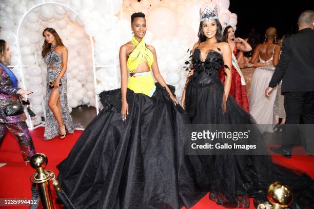 Miss Universe 2019 Zozibini Tunzi and Miss World 2020 Toni-Ann Singh at Miss SA Pageant Red Carpet Event at Grand West Casino on October 16, 2021 in...