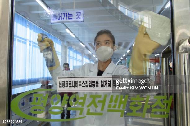 An employee disinfects windows as part of preventative measures against the Covid-19 coronavirus at the Yokjon Department Store in Pyongyang on...