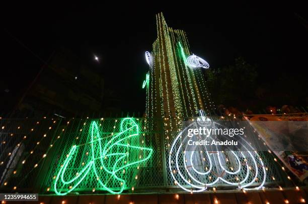 View of an illuminated market area during Mawlid al-Nabi, birth anniversary of Muslims beloved Prophet Muhammad in Peshawar, Pakistan, October 19,...