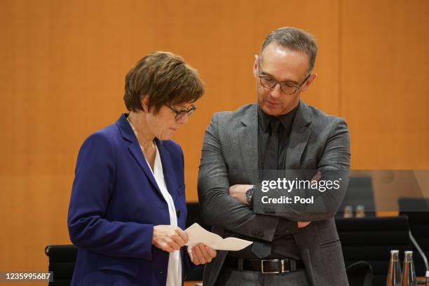 Federal Minister of Defence Annegret Kramp Karrenbauer and Federal Minister for Foreign Affairs Heiko Maas speak during a weekly government cabinet...