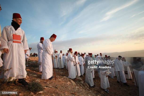 Samaritans gather to celebrate the Sukkot Holiday in Nablus, West Bank, on October 20, 2021. It is a biblical Jewish holiday celebrated on the 15th...
