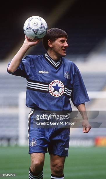 Peter Beardsley displays the new Newcastle away kit during the Adidas kit launch at St. James Park, Newcastle. Mandatory Credit: Gary M....