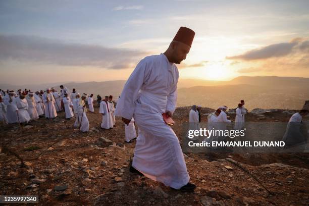 Samaritan worshippers take part in a traditional pilgrimage marking the holiday of Sukkot, or Feast of Tabernacles, on top of Mount Gerizim, near the...