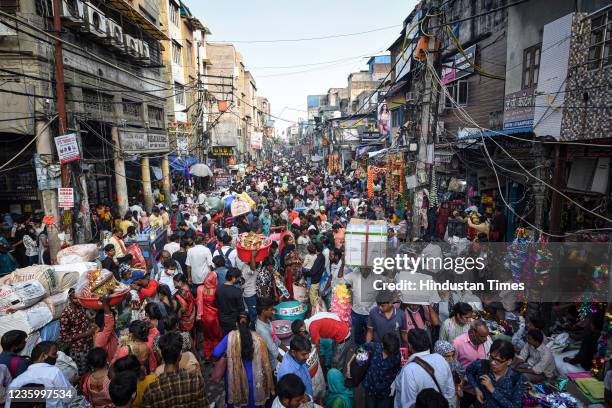 Massive crowds of shoppers seen ahead of Diwali, in Sadar Bazar, on October 19, 2021 in New Delhi, India.