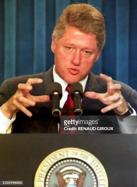 President Bill Clinton tells reporters at the White House 14 October 1993 that "there was no deal" made with Somali warlord Mohamed Farrah Aidid to...