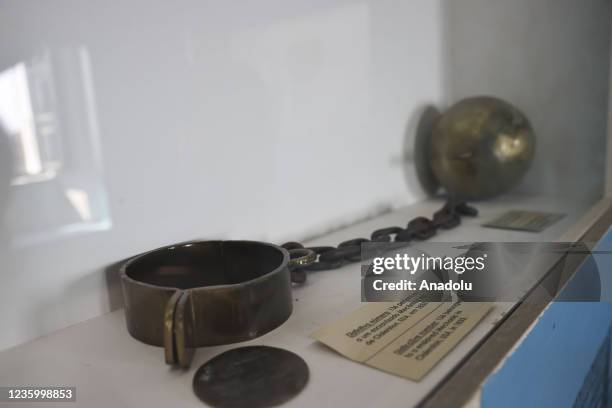 An iron handcuff with chain presented at The National Museum of Slavery is seen in Luanda, Angola on October 19, 2021. The museum in the Morro da...