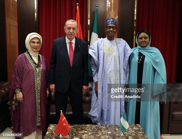 Turkish President Recep Tayyip Erdogan and his wife Emine Erdogan pose for a photo with Nigerian President Muhammadu Buhari and his wife Aisha Buhari...