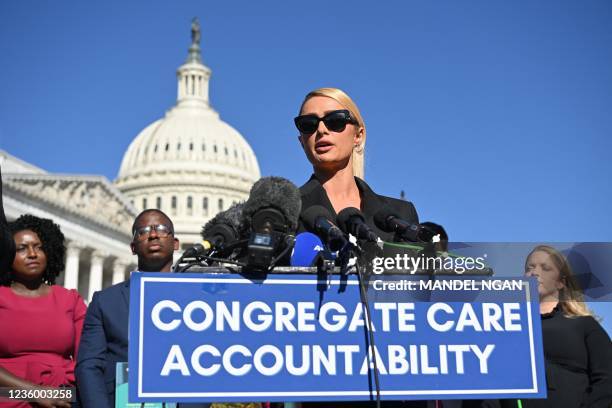 Paris Hilton speaks as she joins congressional lawmakers during a press conference on upcoming legislation to establish a bill of rights to protect...