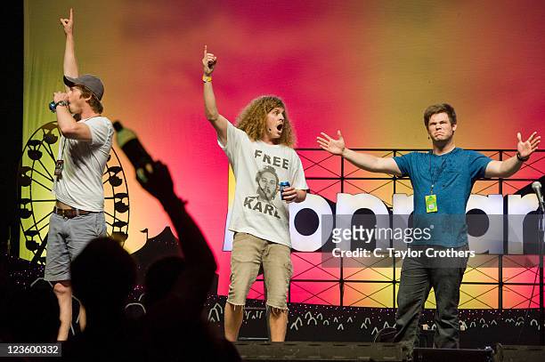 Comedians Anders Holm, Blake Anderson and Adam DeVine of Workaholics perform on stage during Bonnaroo 2011 at The Comedy Theatre on June 9, 2011 in...