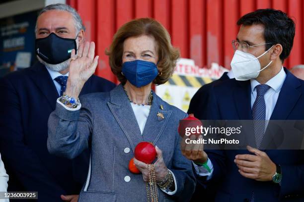 Queen Sofia with a pomegranate in her hand during her visit the Food Bank of Granada on October 20, 2021 in Granada, Spain.