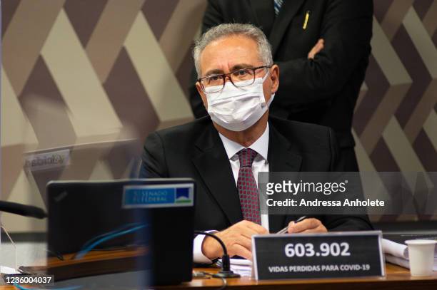 Senator Renan Calheiros, CPI rapporteur investigating government actions to combat COVID-19, during a session at the during the session that will...