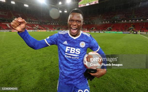 Patson Daka of Leicester City celebrates with the match ball after the UEFA Europa League group C match between Spartak Moscow and Leicester City at...