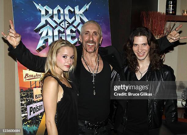 Emily Padgett, Dee Snider and Joey Taranto pose at The Opening Night Party for his debut in "Rock of Ages" on Broadway at The Glass House Tavern on...