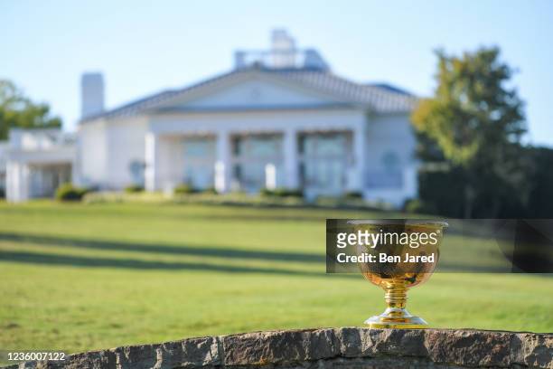 The Presidents Cup is seen on the course during the Captains Visit for 2022 Presidents Cup at Quail Hollow Club on September 27, 2021 in Charlotte,...