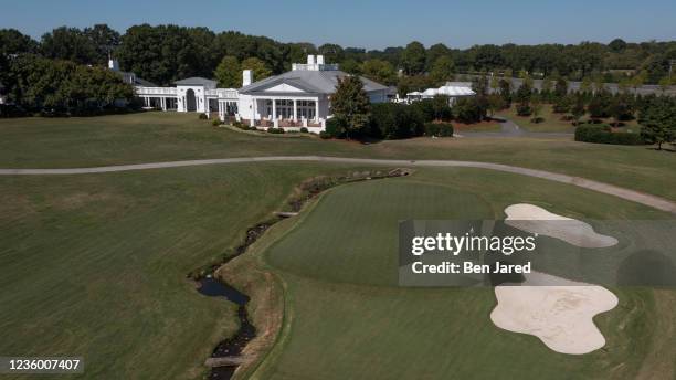 Aerial view of the 18th hole taken with a drone during the Captains Visit for 2022 Presidents Cup at Quail Hollow Club on September 27, 2021 in...