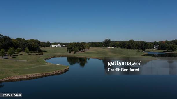 Aerial view of the 16th and 17th greens taken with a drone during the Captains Visit for 2022 Presidents Cup at Quail Hollow Club on September 27,...