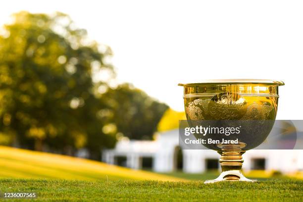 The Presidents Cup is seen on the course during the Captains Visit for 2022 Presidents Cup at Quail Hollow Club on September 27, 2021 in Charlotte,...