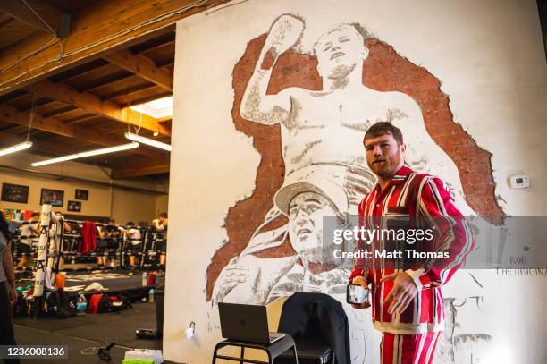 Canelo Alvarez enters the gym for his workout at Canelo's Gym on October 20, 2021 in San Diego, California.