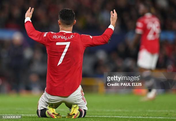 Manchester United's Portuguese striker Cristiano Ronaldo unsuccessfully appeals for a free kick during the UEFA Champions league group F football...