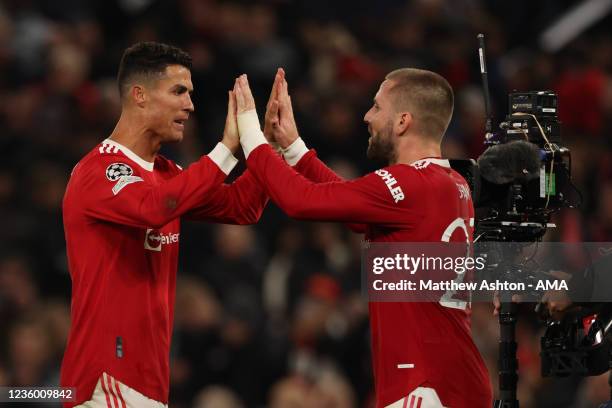 Cristiano Ronaldo of Manchester United celebrates at full time with Luke Shaw of Manchester United during the UEFA Champions League group F match...