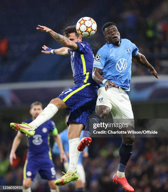 Saul Niguez of Chelsea and Malik Abubkari of Malmo during the UEFA Champions League group H match between Chelsea FC and Malmo FF at Stamford Bridge...