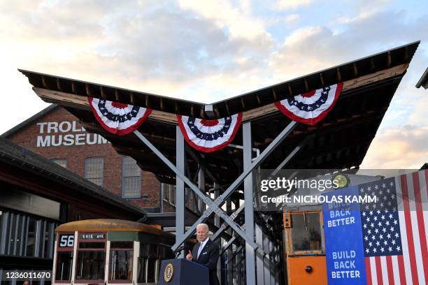 President Joe Biden speaks after touring the Electric City Trolley Museum as he promotes the Bipartisan Infrastructure Deal and Build Back Better in...