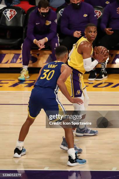 Los Angeles Lakers guard Russell Westbrook guarded by Golden State Warriors guard Stephen Curry during the Golden State Warriors vs Los Angeles...