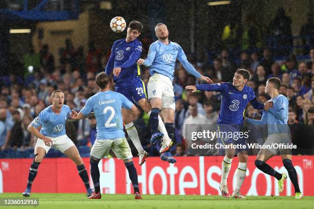 Kai Havertz of Chelsea and Lasse Nielsen of Malmo during the UEFA Champions League group H match between Chelsea FC and Malmo FF at Stamford Bridge...
